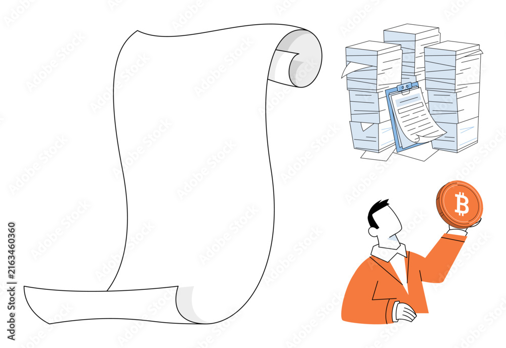 Fototapeta premium Blank paper scroll, stack of documents and businessman holding bitcoin vector illustration. Business, finance, cryptocurrency, administration, documentation, investment. Empty parchment, paperwork
