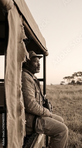 African safari guide sitting in an open vehicle looking across the savanna during a wildlife game drive