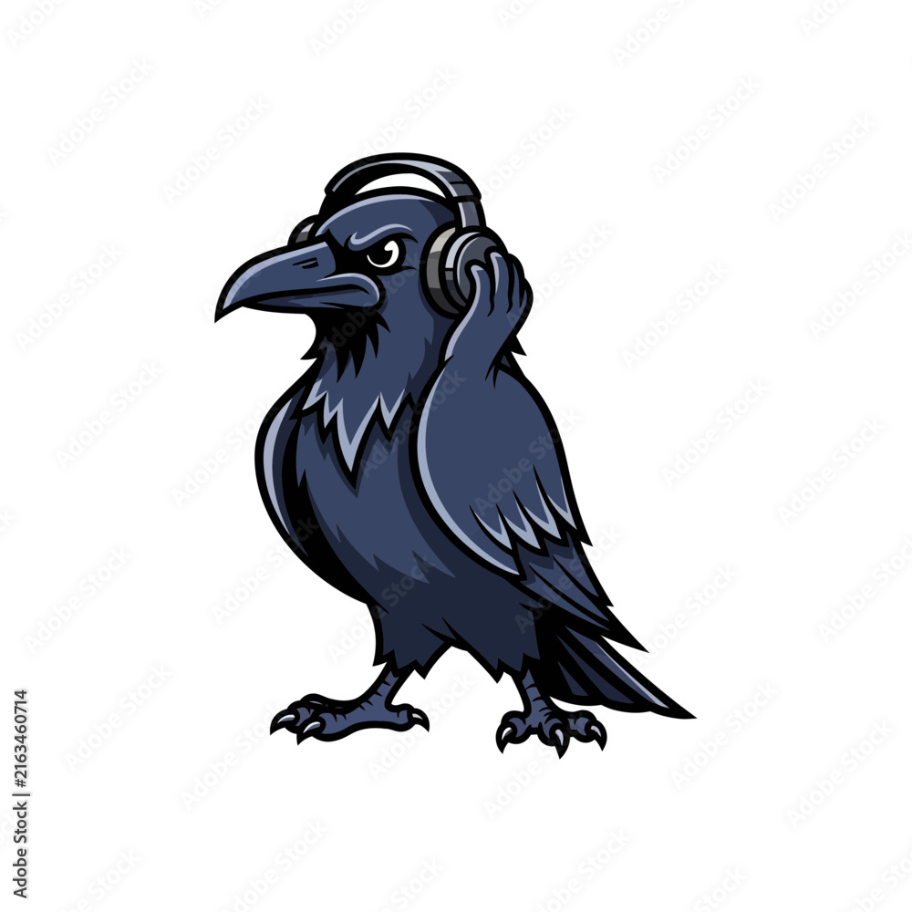 Fototapeta premium Cool raven mascot wearing headphones vector illustration isolated on white background, black crow DJ logo for gaming podcast or esports team