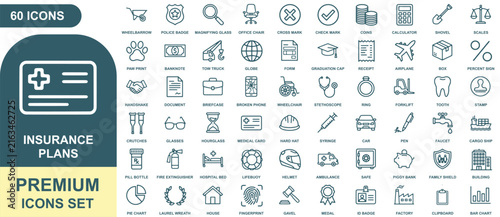 Sixty outline insurance plans and finance icons set featuring medical card, money, symbols, and business