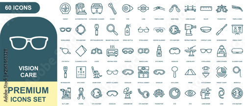 Vision care icon sheet featuring sixty outlined symbols related to optometry, ophthalmology, glasses, and eye exams