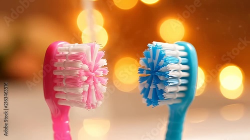 Pink and blue toothbrushes with circular bristles.
