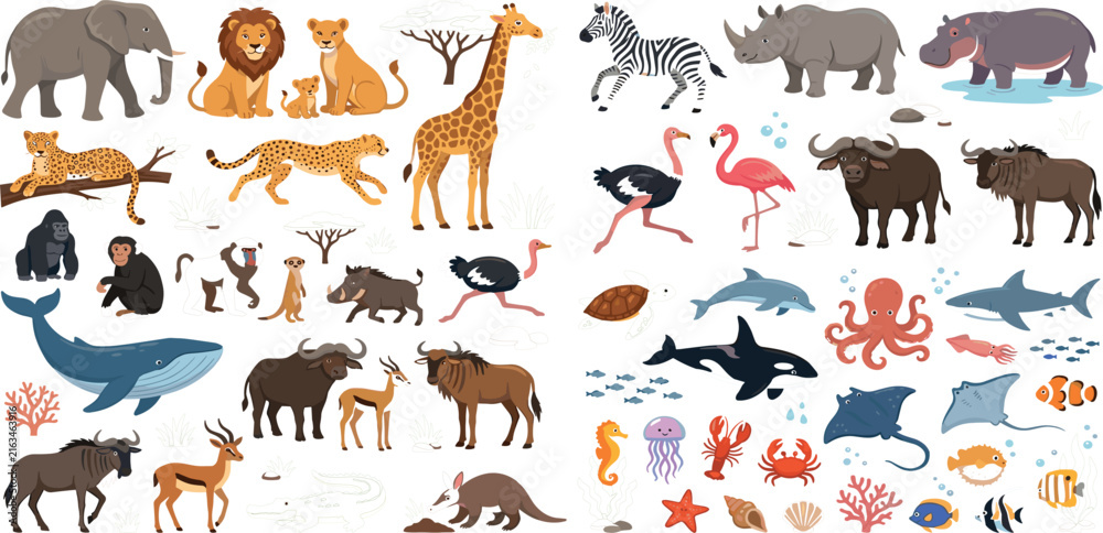 Obraz premium Large collection of wild safari and sea animals vector set isolated on white backgroundLarge collection of wild safari and sea animals vector set isolated on white background