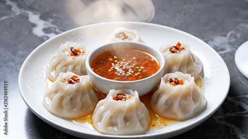 Steamed dumplings with dipping sauce on a white plate.