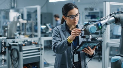Robotics engineer using a tablet to inspect a robot arm with sensors, cables, and status lights in a modern automation lab