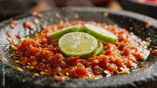 Traditional Indonesian spicy sambal chili paste with fresh lime.