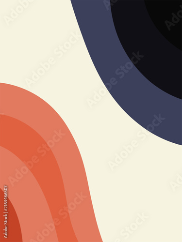 Abstract minimalist background with flowing organic shapes in terracotta orange and dark navy blue color palette