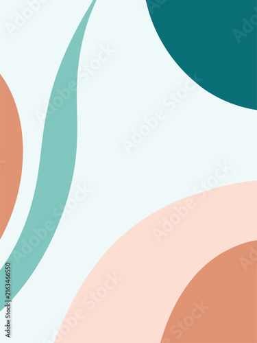 Abstract minimalist background with organic shapes in soft pastel colors and deep teal for modern graphic design