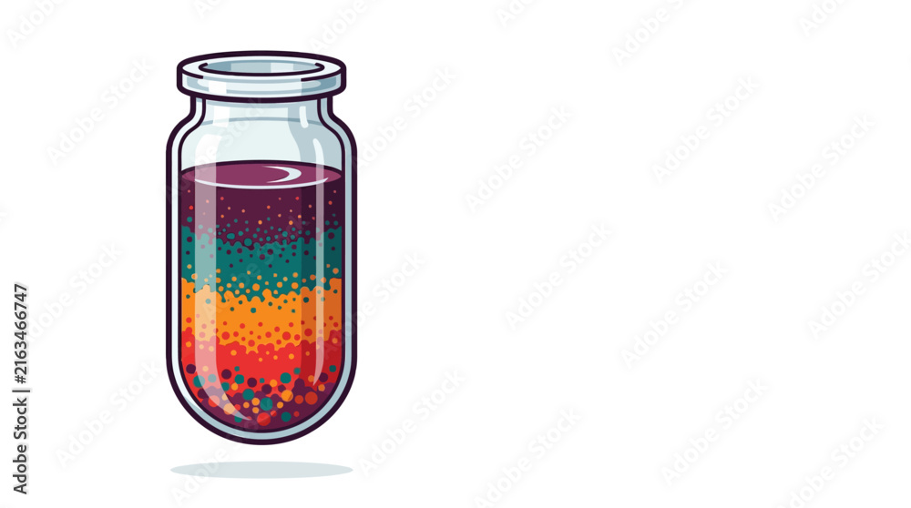 Fototapeta premium Vector illustration of a glass test vial filled with colorful layers of liquid and pigment particles, scientific or artistic concept design