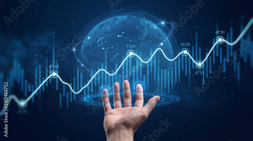 Human hand holding glowing digital globe with financial data graph overlay during futuristic presentation