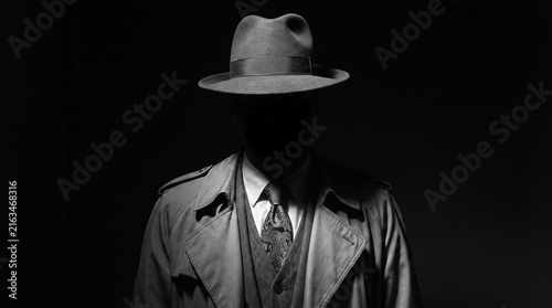 Mysterious man in a fedora hat and trench coat in dark noir style
