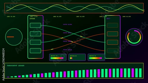 Neon wave graphs displayed on a dark monitor show a digital prompt interface with interconnected node links and rhythmic bar charts shifting in a software cycle