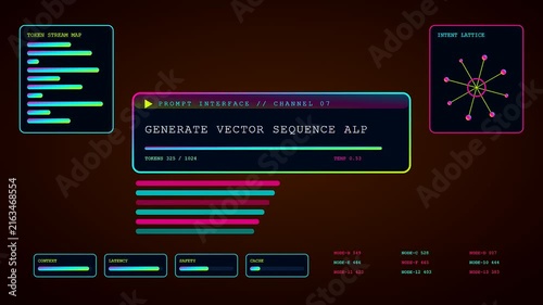 A digital prompt interface displays sequential data streams and network lattice nodes while generating text outputs across three distinct panels showcasing modern computational analytics in progress