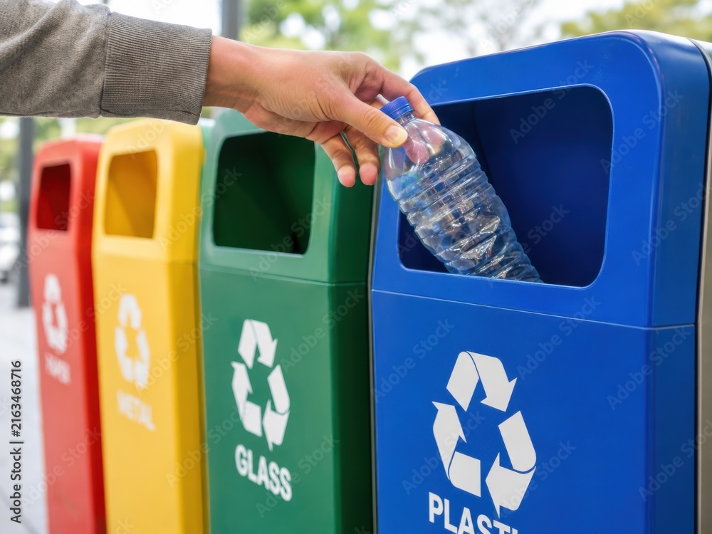 Fototapeta premium A person placing a plastic bottle into the correct blue recycling bin among colorful waste stations.