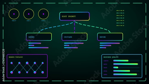 A digital prompt interface displays complex node structures with glowing neon metrics across three screens highlighting data flow patterns for advanced system monitoring and analytical operations