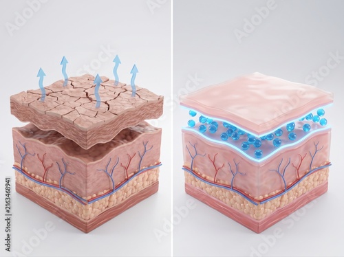 A split view comparison of dehydrated, cracked skin versus healthy, deeply hydrated skin structure.