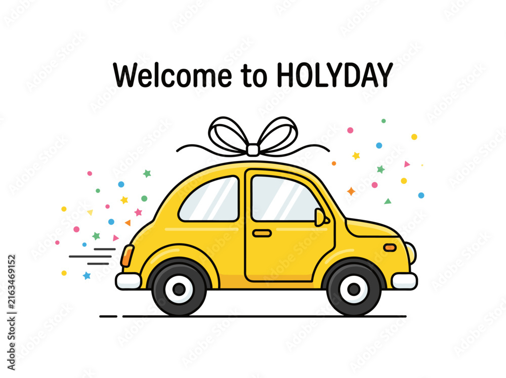 Naklejka premium Cute yellow cartoon beetle car gift with bow and confetti for holiday celebration concept