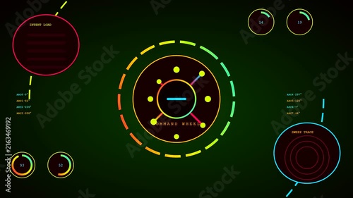 Neon digital prompt interface displays circular telemetry data with animated vector overlays and glowing command wheels set against a dark atmosphere for advanced monitoring system simulation purposes