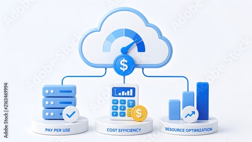 3D cloud computing network with financial calculator and resource optimization graphs. Concept of IT cost efficiency and pay per use models.