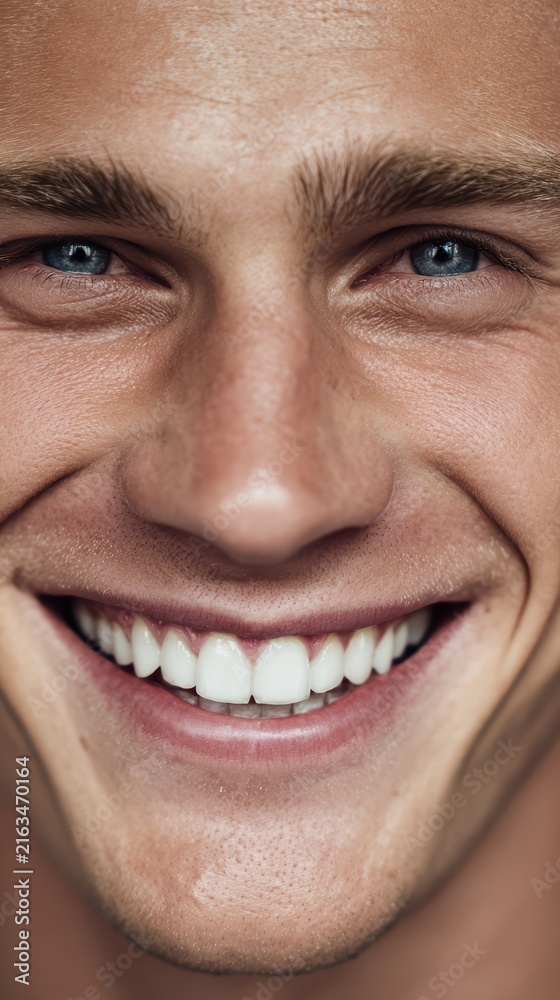 Fototapeta premium Young male model, huge smile, white teeth, sharp facial features, blue eyes