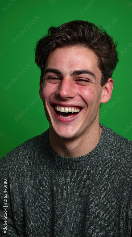 Obraz premium Young male model, huge smile, white teeth, sharp facial features, solid green screen background