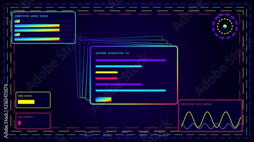 A digital prompt interface display showing stacks of system directive cards with animated wave graphs and glowing colorful neon interface elements in dark monitor workspace