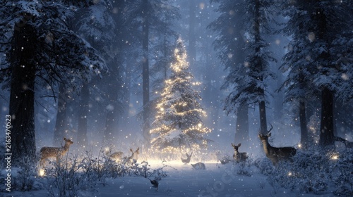 Glowing conifer surrounded by deer within a magical snowy winter forest at nightfall atmosphere