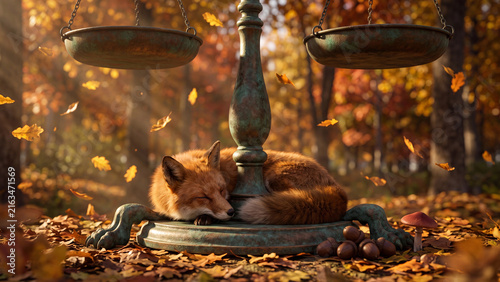 Fox resting under a libra animal balance scale among falling autumn leaves