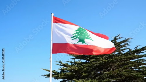 Lebanon flag waving on flagpole against clear blue sky and trees