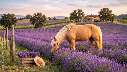 Palomino horse grazing in a lavender field with a hat on a wooden fence