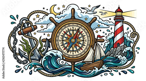 Vintage Nautical Compass with Lighthouse and Sailing Ship Illustration.
