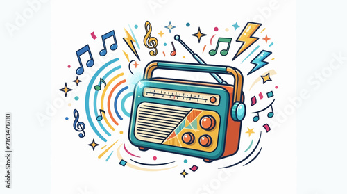 Vintage Radio with Musical Notes and Sound Waves Illustration.
