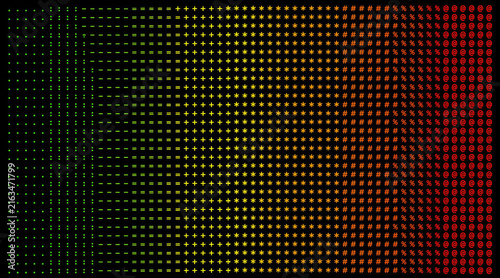 Colorful Gradient of Digital Symbols and Special Characters on Black Background.