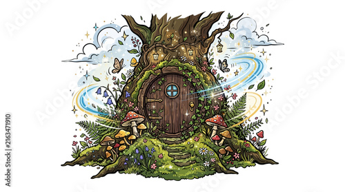 Whimsical Treehouse with Enchanted Forest Surroundings.