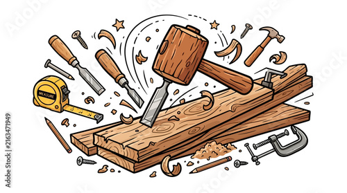 Woodworking tools and hammer on wooden plank.