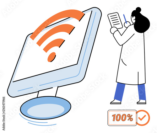 Doctor writing on a clipboard next to a computer screen with a wireless symbol vector illustration. Healthcare, digital connection, remote medicine, online diagnosis, technology, telehealth