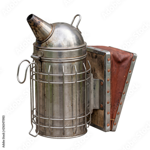 Obraz na płótnie Vintage metal bee smoker with leather bellows isolated on transparent background