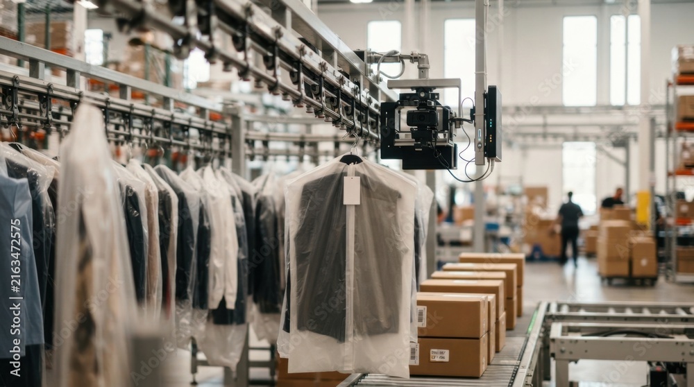 Naklejka premium AI fashion logistics in a pristine warehouse with rfid gates, machine-vision cameras, garment rails, and sorted shipping cartons