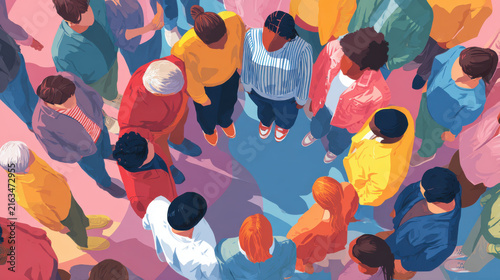 Diverse group of people standing in a circle, viewed from above, symbolizing unity