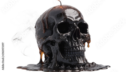 A spooky melting black skull candle with dripping wax and smoke effects isolated on transparent background