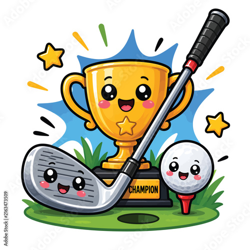 Cute golf trophy with clubs and golf balls, playful championship cartoon illustration for tournaments, sports awards, winners and competition