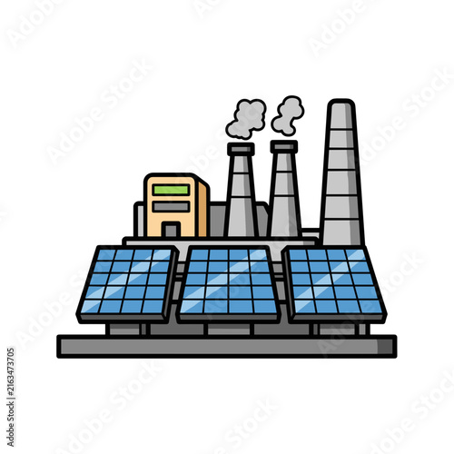 Industrial factory building with solar panels and smokestacks