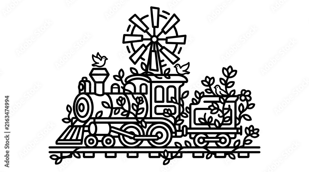 Naklejka premium Whimsical Train with Windmill and Birds, Line Art Illustration