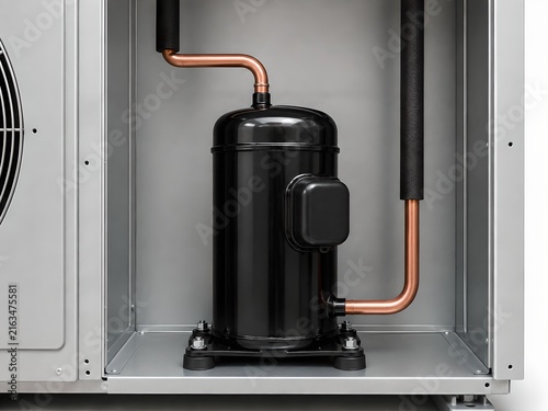 Heat Pump Compressor with Suction and Discharge Refrigerant Lines on Vibration Mounts
