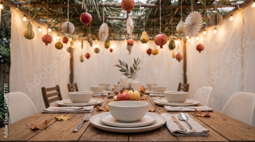 Festively decorated sukkah with a set dining table, hanging fruit and warm string lights ready for a holiday meal