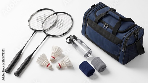 Badminton equipment set with rackets and shuttlecocks. Professional sports gear with blue gym bag and water bottle on white background.