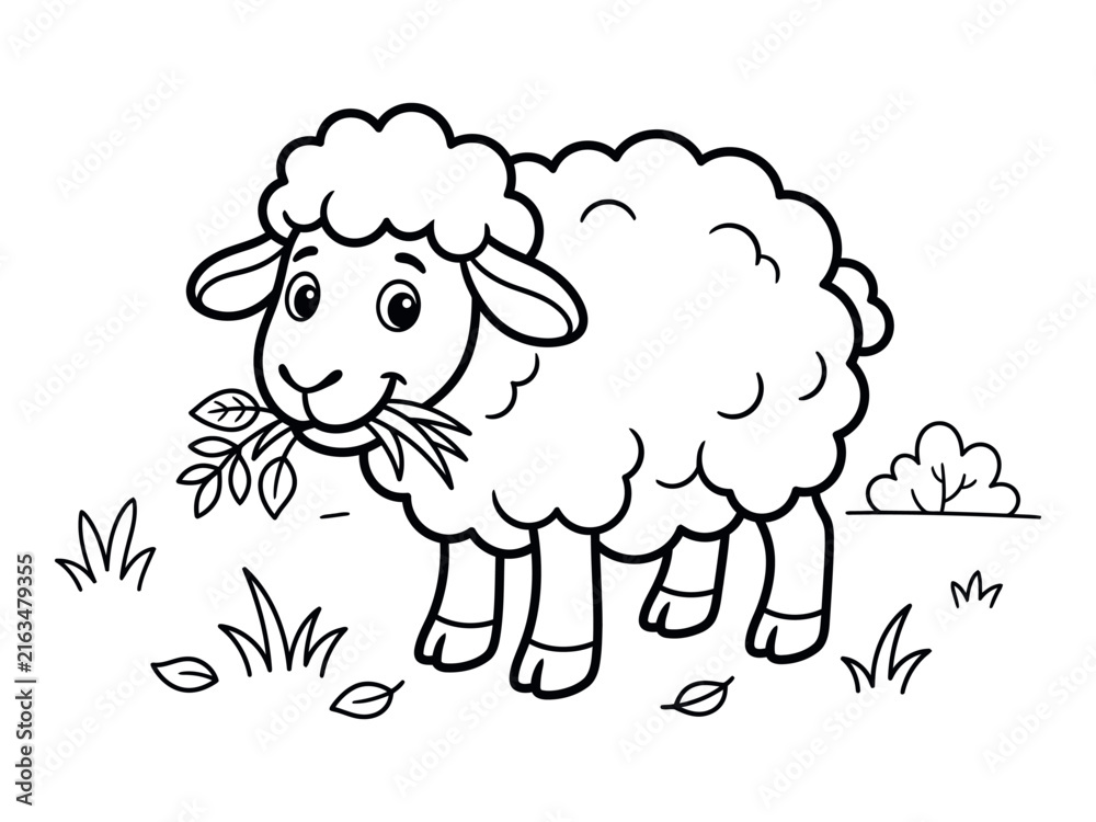 Obraz premium Cute cartoon lamb chewing on grass with foliage on a white background illustration