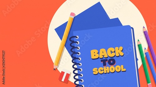back to school composition with blue notebook and colorful pencils