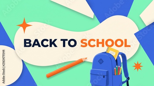 back to school banner with blue backpack and pencils