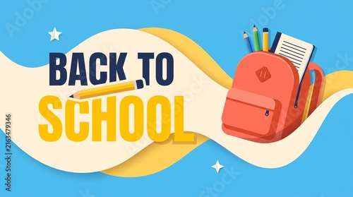 back to school advertising banner with backpack and pencils